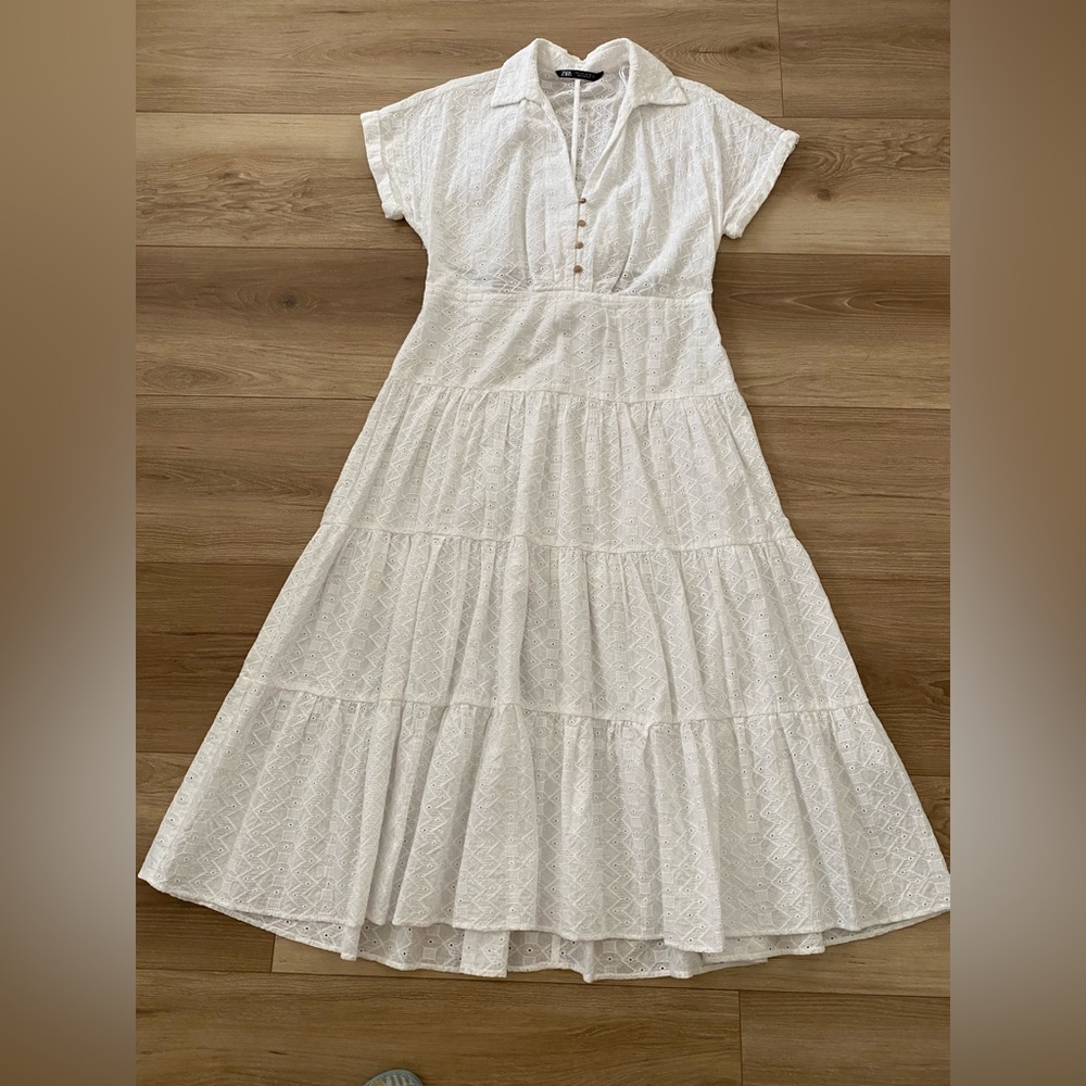 ZARA EMBROIDERED EYELET MIDI DRESS WHITE LARGE